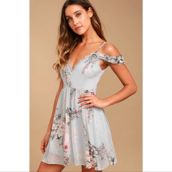 Lulu's Verona Off The Shoulder Dress Blue Floral size extra small - Picture 4 of 11